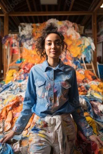 b'Portrait of a young Middle Eastern woman artist in front of a large pile of colorful fabric scraps in an art studio'