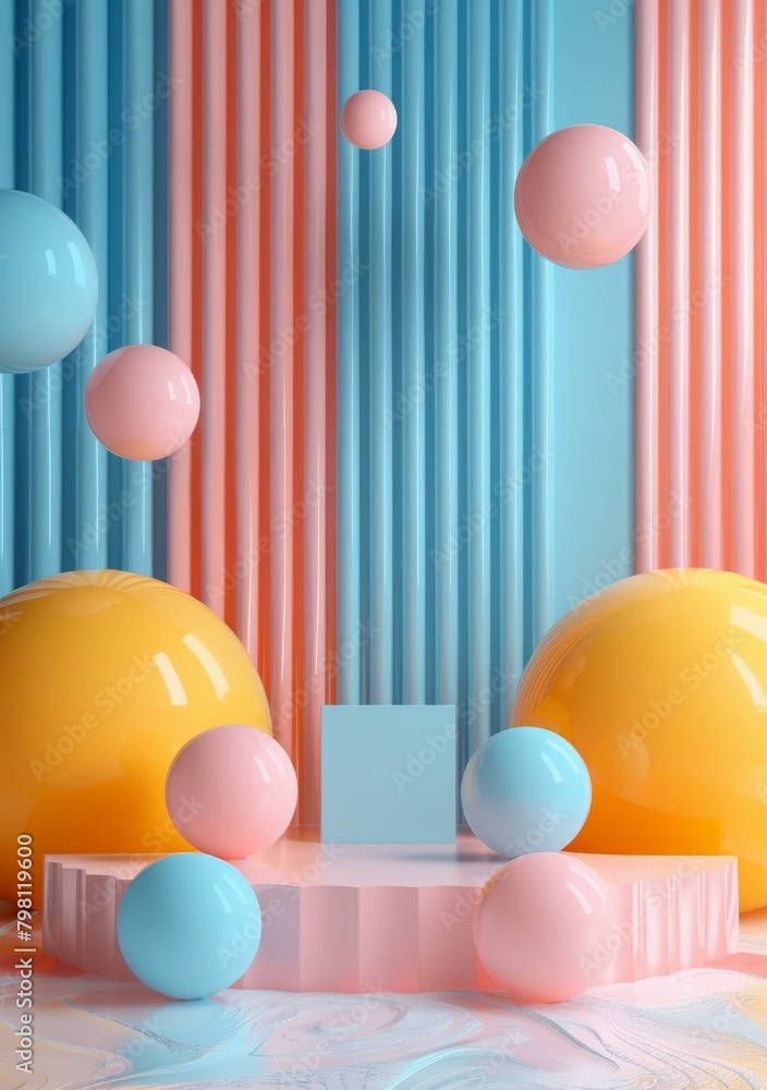 b'3D rendering of a podium with pink and blue spheres' b'3D rendering of a podium with pink and blue spheres'