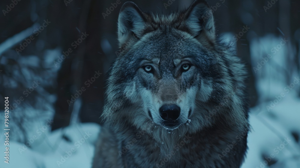 Fototapeta premium Wolf howling under the moonlight in a dense forest setting - majestic wildlife scene
