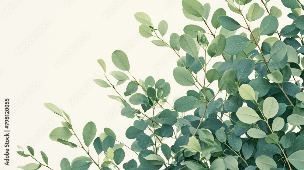 A vibrant plant branch adorned with lush green leaves stands out against a crisp white backdrop
