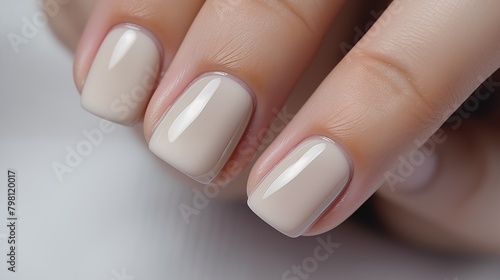Close up of female hand with French manicure. Beautiful elegant gel polish manicure on square nails on neutral background.