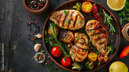 Grilled chicken and vegetables. Top view