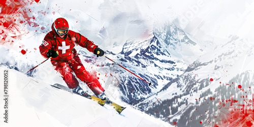 Swiss Flag with a Watchmaker and a Skier - Visualize the Swiss flag with a watchmaker representing Switzerland's precision and craftsmanship in watchmaking