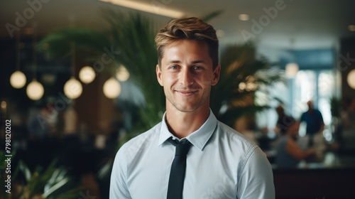 b'Portrait of a young businessman smiling in a restaurant'