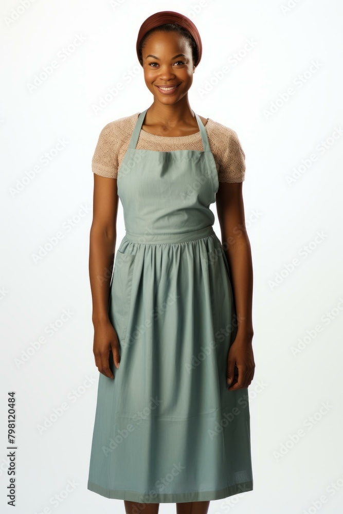 b'Studio portrait of a smiling African American woman wearing a vintage apron' b'Studio portrait of a smiling African American woman wearing a vintage apron'