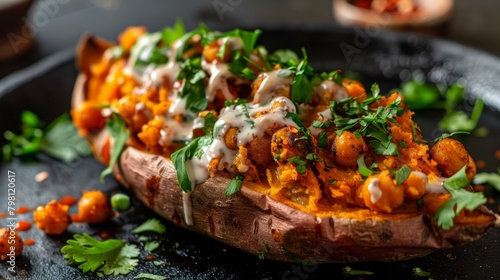 Baked stuffed sweet potatoes with chickpeas, sauce and greens