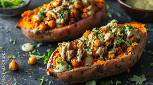 Baked stuffed sweet potatoes with chickpeas, sauce and greens