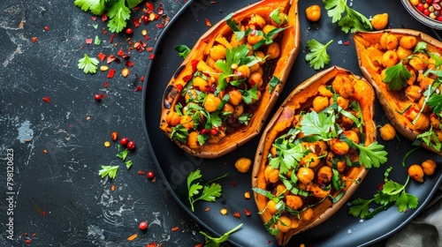 Baked stuffed sweet potatoes with chickpeas, sauce and greens