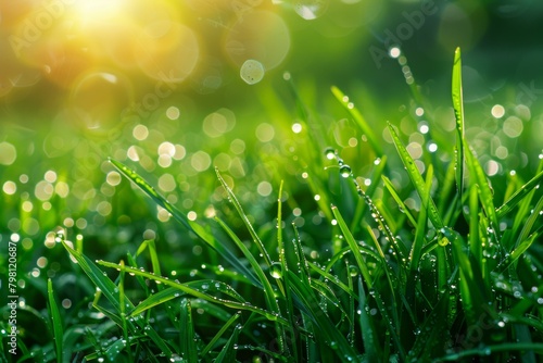 Close-up of green grass with dew drops in the morning sunlight