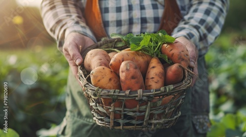 The farmer keeps fresh sweet potatoes in a wooden basket