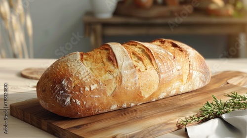 Freshly baked wheat bread on wooden cutting board on the table. AI Generated 