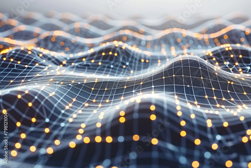 Artistic depiction of interconnected dots and lines, representing AI technology. Energetic motion of digital data flow. Add tech style