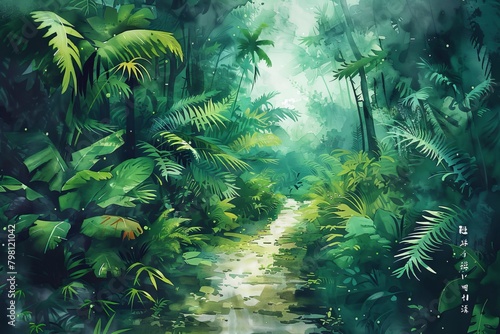 Lush jungle landscape in watercolor style  Generative AI