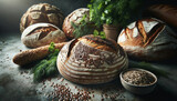 various savory breads, including a round sourdough, a multigrain loaf, generously topped with flaxseeds and sunflower seeds, accompanied by dill and parsley, set on a rough-hewn stone countertop