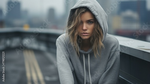 b'Portrait of a young woman in a gray hoodie looking at the camera with a serious expression'