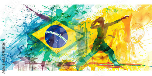 Brazilian Flag with a Capoeira Dancer and a Street Vendor - Imagine the Brazilian flag with a capoeira dancer representing the Brazilian martial art, and a street vendor