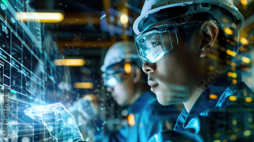 Image of the R&D center with portrait of engineers wearing protective glasses researching a new energy source