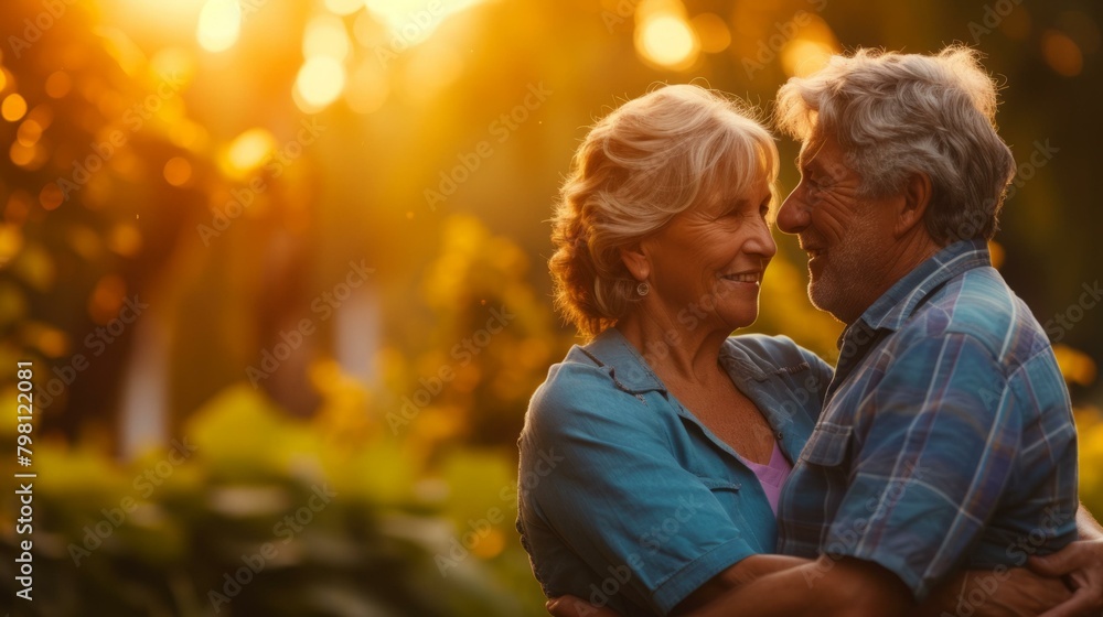 b'Loving Elderly Couple Embracing in the Sunset' b'Loving Elderly Couple Embracing in the Sunset'