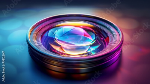 Camera lens with vibrant colorful reflections on a blue gradient background