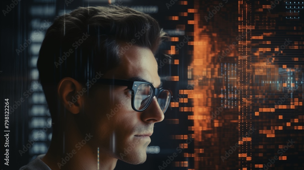 Data reflecting on eyeglasses on man's face. Computrer programmer big data and ux designer concept. Data reflecting on eyeglasses on man's face. Computrer programmer big data and ux designer concept.