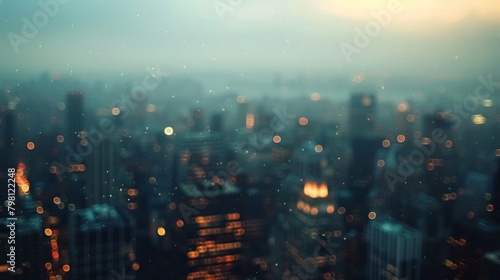 Hazy backdrop of a metropolis at dusk with softly blurred highrises and a dusky sky fading into darkness. . photo