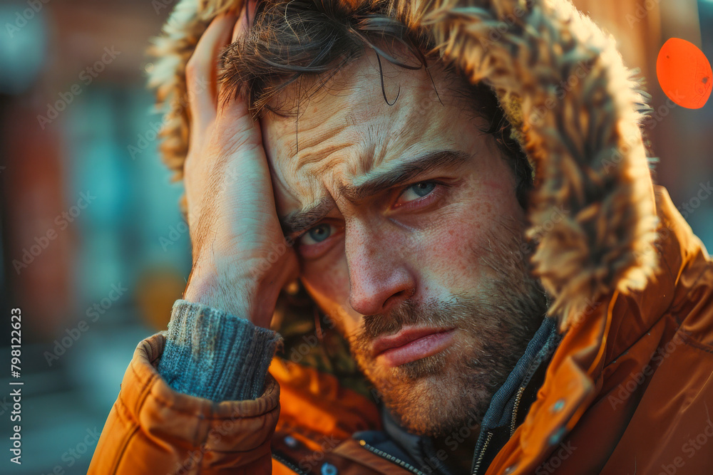 Reflective Man in Orange Winter Jacket with Fur Hood Looking Pensive Outdoors
