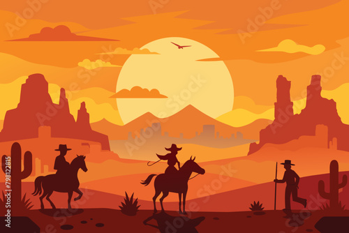 Flat western background landscape cowboys in desert horse and girl silhouette vector