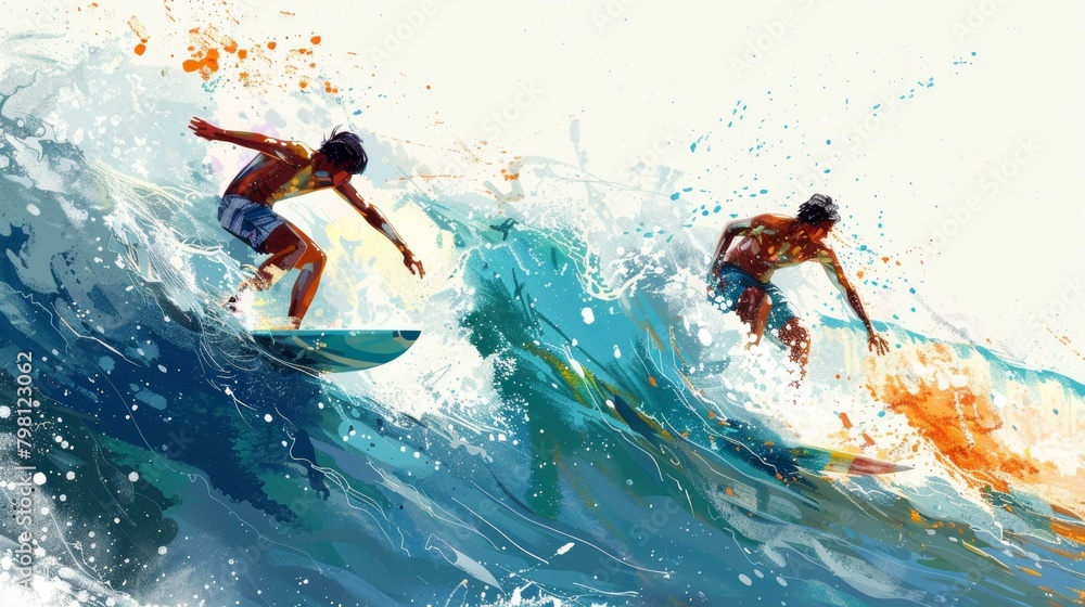 Two Men Surfing in the Ocean Catching a Big Wave