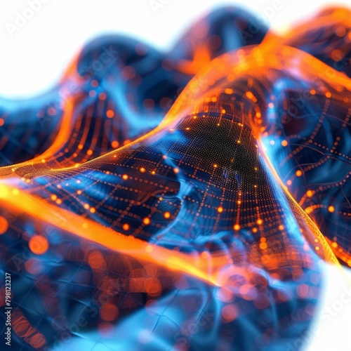 A glowing blue and orange abstract 3D landscape