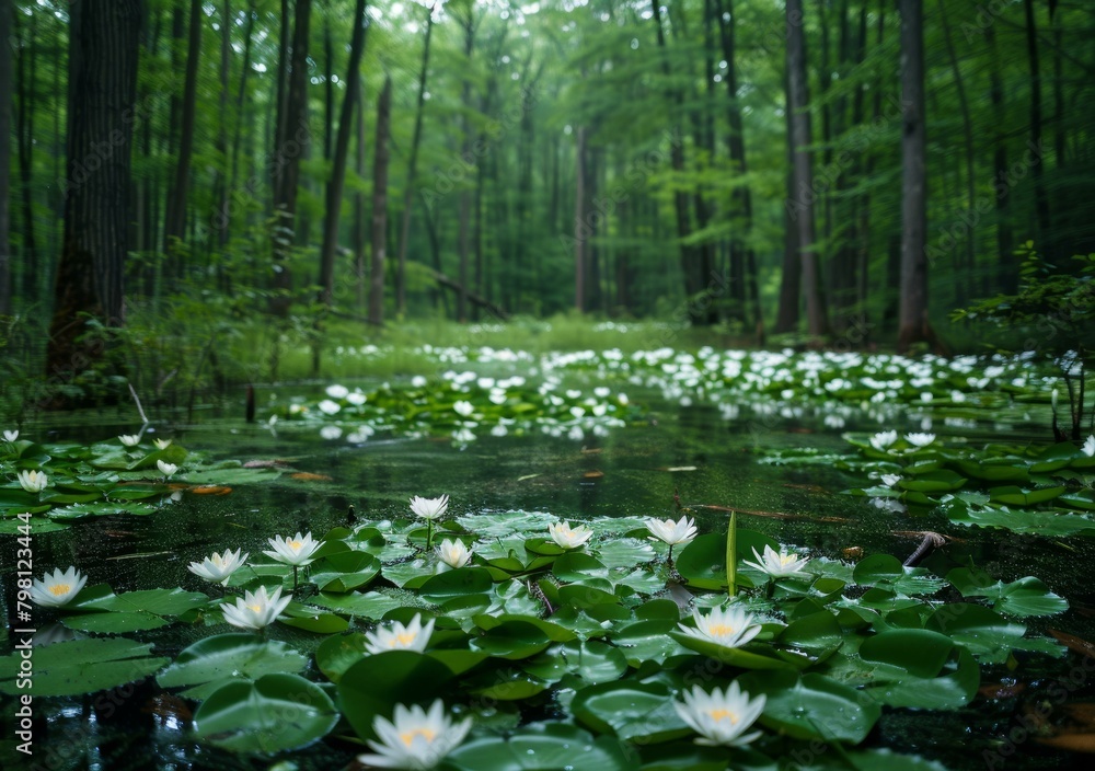 Mystical and enchanting forest pond with blooming white water lilies Mystical and enchanting forest pond with blooming white water lilies