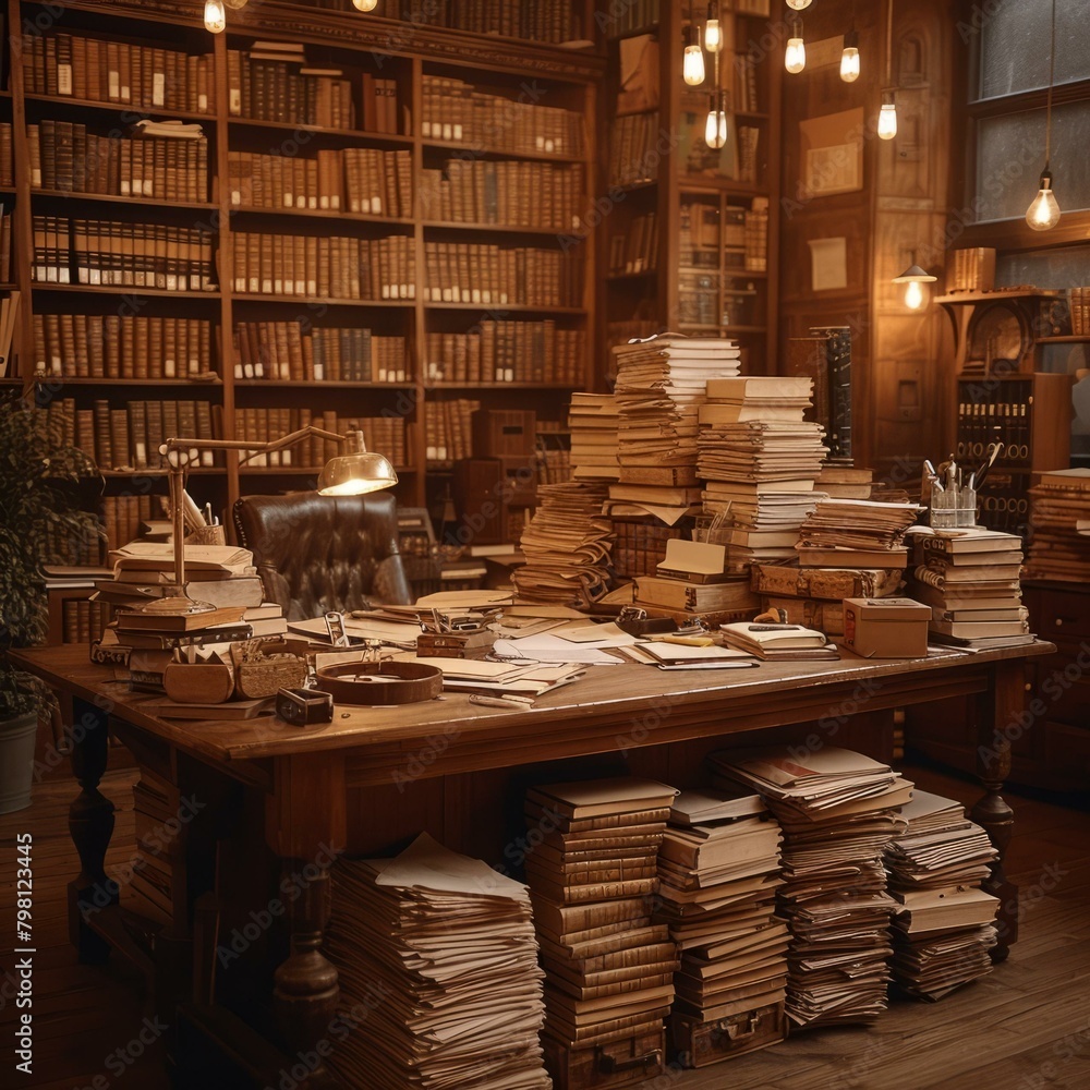 b'A large wooden desk in a library is covered in books and papers.' b'A large wooden desk in a library is covered in books and papers.'
