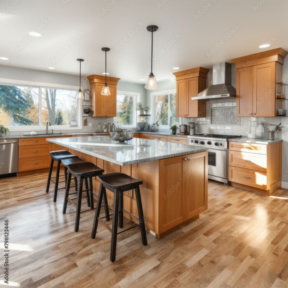Fototapeta premium b'Bright and Airy Kitchen With Island and Hardwood Floors'