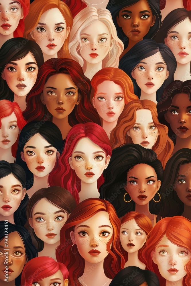 b'A diverse group of women with different skin tones, hair colors, and facial features.'