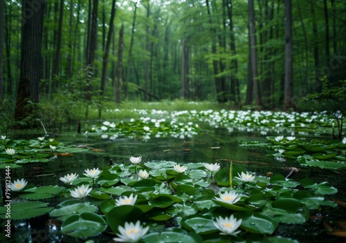Mystical and enchanting forest pond with blooming white water lilies