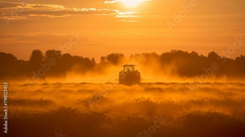 b'Tractor spraying pesticides in a golden field at sunset'