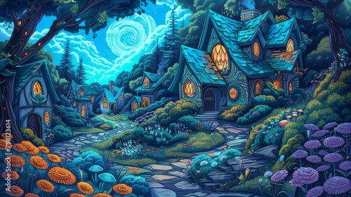 A path through a village of blue mushroom houses in a moonlit forest