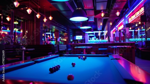 Billiards game night entertainment in stylish club setting with atmospheric mood lighting
