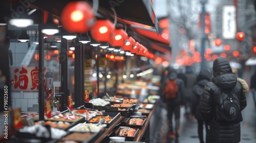 A photo of a busy Asian street market with people walking by and food stalls with red lanterns. photo