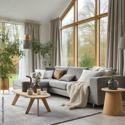 b'Airy and bright living room with large windows and a gray sofa'
