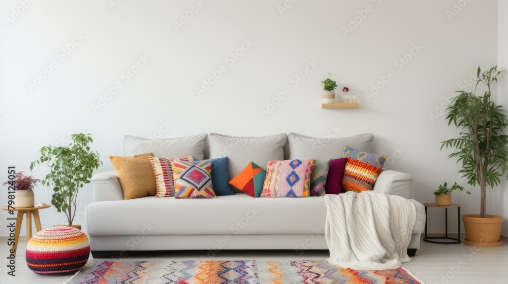 Fototapeta premium b'A living room with a sofa, rug, plants, and pillows'