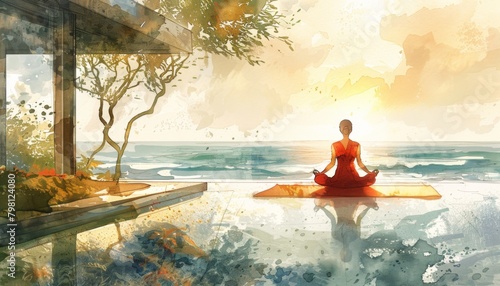 A woman in red dress is meditating on the beach during the sunset. The sky is orange and the water is calm. The woman is sitting on a yoga mat and has her eyes closed. She is wearing a red dress and h © ปรัชญา ตอพรม ตอพรม
