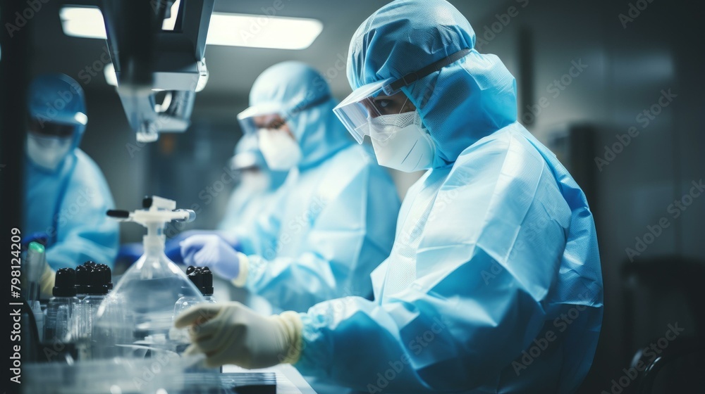 b'Scientists wearing PPE working in a lab' b'Scientists wearing PPE working in a lab'