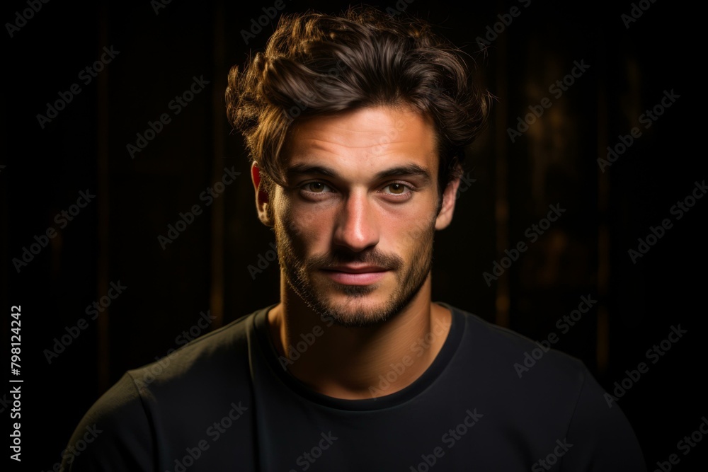 b'Portrait of a handsome young man with brown hair and green eyes'