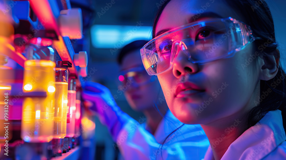 Image of the R&D center with portrait of engineers wearing protective glasses researching a new energy source Image of the R&D center with portrait of engineers wearing protective glasses researching a new energy source