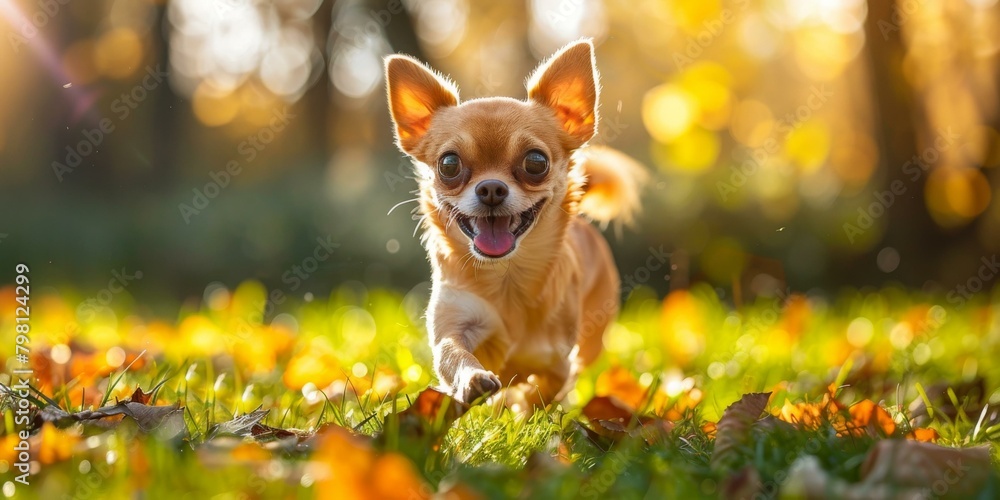 b'A happy chihuahua dog running through a field of fallen leaves in autumn'