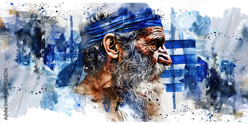 Greek Flag with an Ancient Greek Philosopher and a Fisherman - Visualize the Greek flag with an ancient Greek philosopher representing Greece's contributions to philosophy and a fisherman