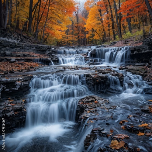 b Colorful autumn forest waterfall in Algonquin Provincial Park 