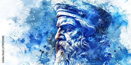 Greek Flag with an Ancient Greek Philosopher and a Fisherman - Visualize the Greek flag with an ancient Greek philosopher representing Greece's contributions to philosophy and a fisherman