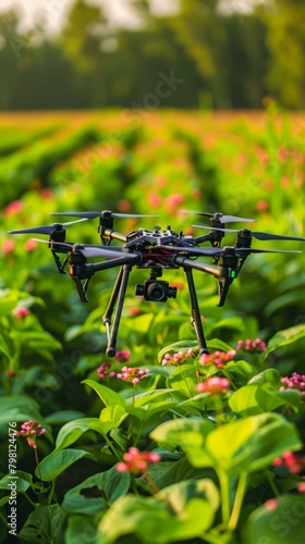 b'A drone is flying over a field of flowers'