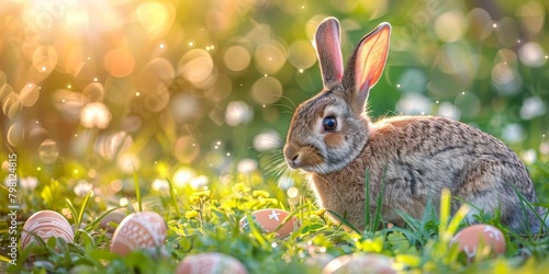 Easter bunny sitting in the grass with Easter eggs on a sunny spring day  Generative AI